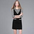 Set: Striped 3/4-sleeve T-shirt + V-neck Sleeveless Dress