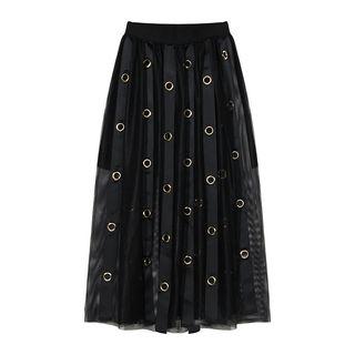 Metal Ring Midi Mesh A-line Skirt