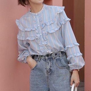Striped Ruffled Blouse As Shown In Figure - One Size