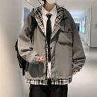 Mock Two-piece Plaid Panel Hooded Cargo Zip-up Jacket