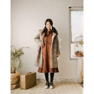 Faux-fur Lined Wool Blend Check Coat One Size