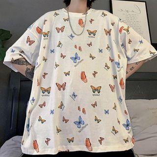 Round-neck Butterfly Printed Elbow-sleeve Top