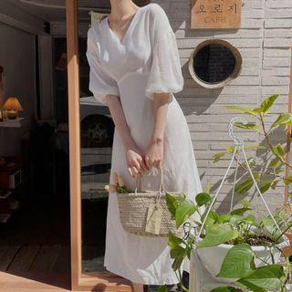 Puff-sleeve Plain V-neck Midi Dress