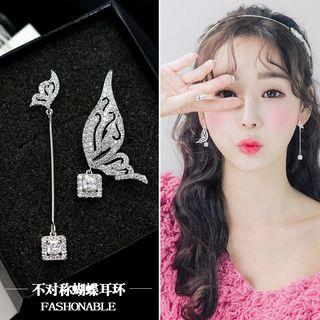 Non-matching Rhinestone Butterfly Dangle Earring Stud Earring - Silver - One Size