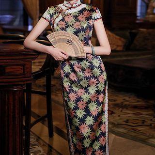 Floral Lace Trim Cap-sleeve Maxi Qipao