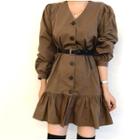 Long-sleeve Single-breasted Dress Brown - One Size