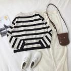 Color-block Striped Crewneck Knit Long-sleeve Top Almond - One Size