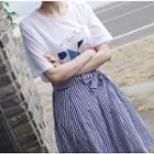 Set: Printed Short-sleeve T-shirt + A-line Midi Skirt