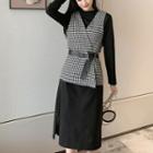 Set: Long-sleeve Midi Dress + Plaid Vest