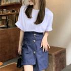 Elbow-sleeve Irregular T-shirt / Denim Mini A-line Skirt