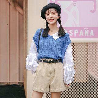 V-neck Mock Two Piece Puff Sleeve Top