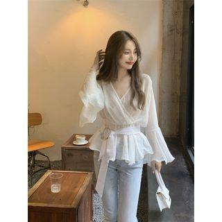 Bell-sleeve Tie-waist Chiffon Blouse White - One Size