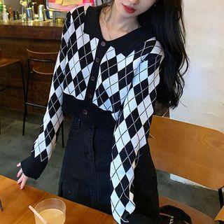 Argyle Collared Cropped Cardigan Black - One Size