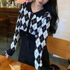 Argyle Collared Cropped Cardigan Black - One Size