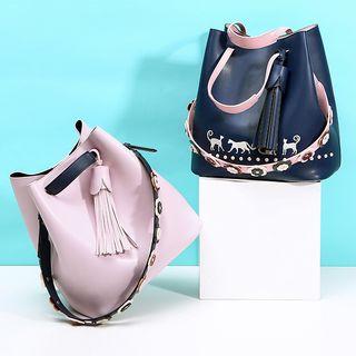 Faux Leather Bucket Bag With Flower Applique Strap