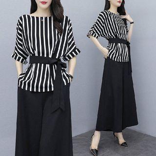 Set: Elbow-sleeve Striped Chiffon Blouse + Wide Leg Pants