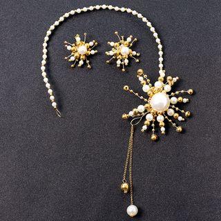 Set: Wedding Faux Pearl Clip-on Earring + Faux Pearl Headpiece + Faux Pearl Hair Clip