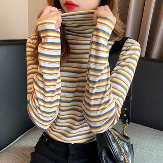 Mock-neck / High-neck Striped T-shirt