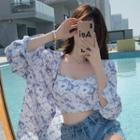 Long-sleeve Print Loose-fit Shirt / Print Cropped Camisole Top