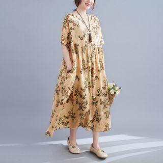 Short-sleeve Floral Print Midi A-line Dress Floral - Khaki - One Size