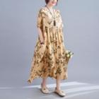 Short-sleeve Floral Print Midi A-line Dress Floral - Khaki - One Size