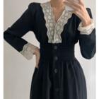 Lace Panel Long-sleeve Midi Sheath Dress Black - One Size