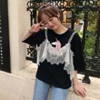 Short-sleeve Lace Panel Unicorn Print T-shirt