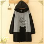 Cat Embroidered Plaid Panel Long Hoodie