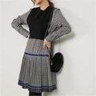 Set: Sleeveless Knit Top + Pleated-hem Patterned Dress