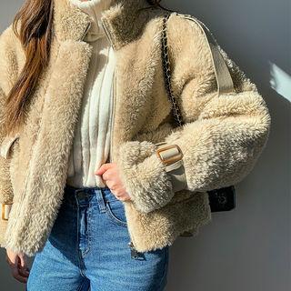 Funnel-neck Furry Zip-up Jacket