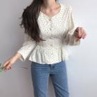 Long-sleeve Dotted Peplum Blouse