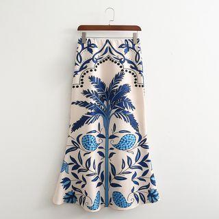 Tree Print Ruffle Hem Midi Pencil Skirt