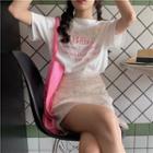 Short-sleeve Letter Embroidered T-shirt / Flower Print Mini A-line Skirt