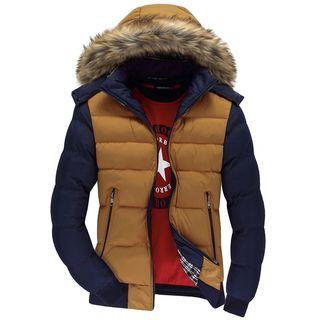Furry Trim Color Panel Hooded Padded Jacket