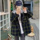 Plaid Hooded Button Jacket Green - One Size