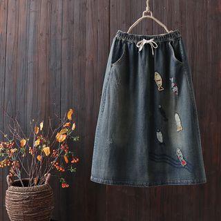 Fish Embroidered Denim A-line Skirt