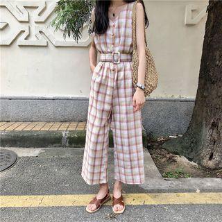 Check Sleeveless Wide Leg Jumpsuit