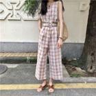 Check Sleeveless Wide Leg Jumpsuit