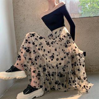Set: Long-sleeve Off-shoulder Top + Floral Print Mesh Midi Skirt