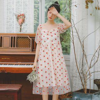 Rose Embroidered Short-sleeve Midi A-line Dress