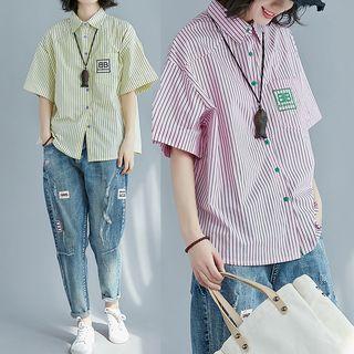 Embroidered Pinstripe Short-sleeve Blouse