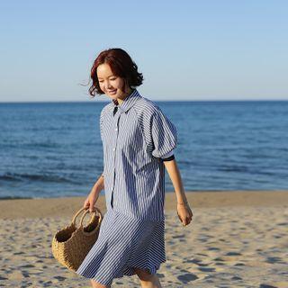 Contrast-trim Ruffle-hem Striped Shirtdress