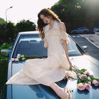 Mock Two-piece Cold-shoulder Ruffled Midi A-line Dress