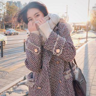 Fray Hem Double-breasted Tweed Coat