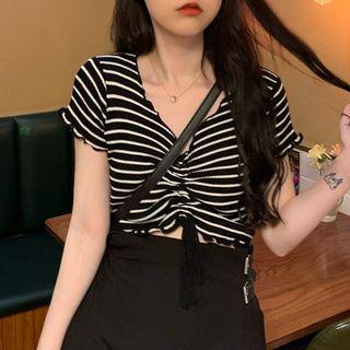 Short-sleeve Striped Drawstring Crop Top Black - One Size