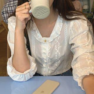 Bell-sleeve Embroidered Lace Blouse As Shown In Figure - One Size