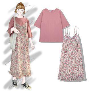 Elbow-sleeve T-shirt / Floral Print Midi A-line Pinafore Dress