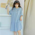 Elbow-sleeve Wide Collar Buttoned Placket Dress