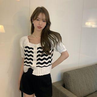 Short-sleeve Striped Button-up Knit Top White - One Size