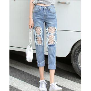 Mesh Panel Ripped Cropped Jeans